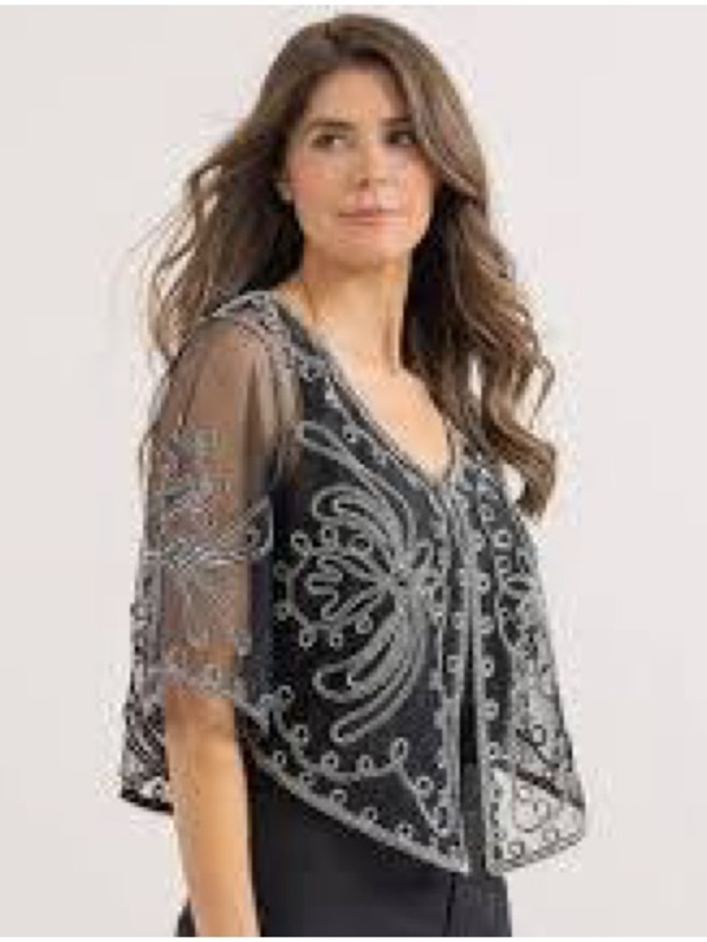 Chico's Black Mesh Embroidered Cropped Overlay with White rope